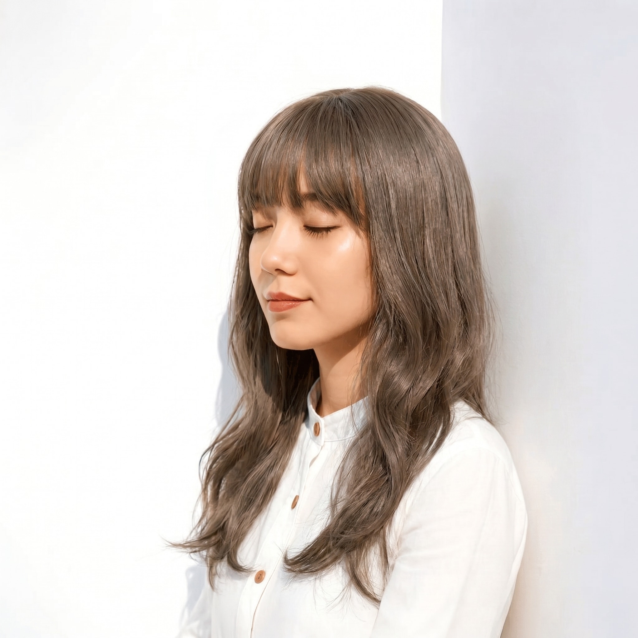 11. モカグレージュ×セミロング: 澄んだ発色とツヤで、髪全体を軽やかに見せる