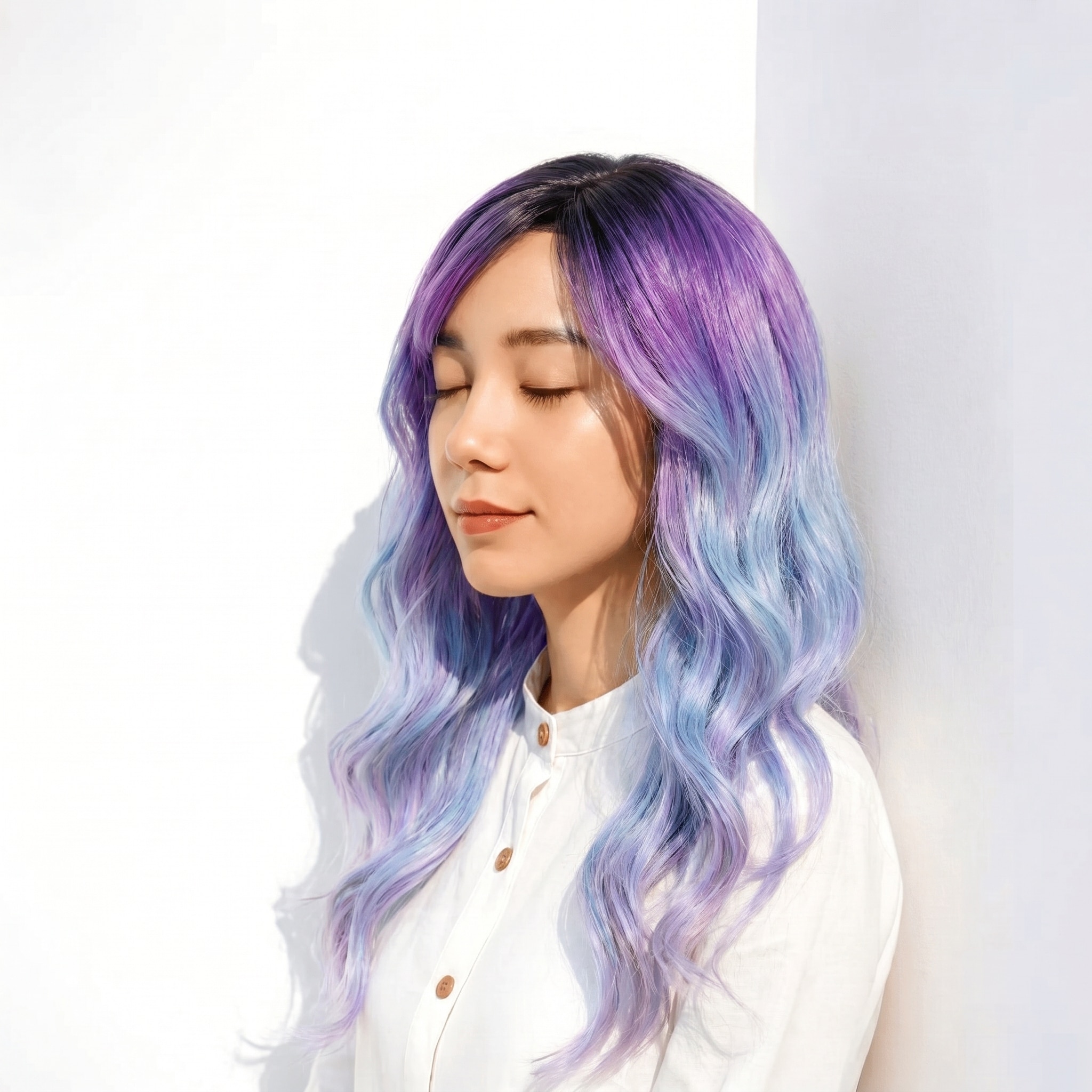 11. ユニコーンカラー×波ウェーブロング: 赤みを抑えた寒色感で、透明感をきりっと引き出す