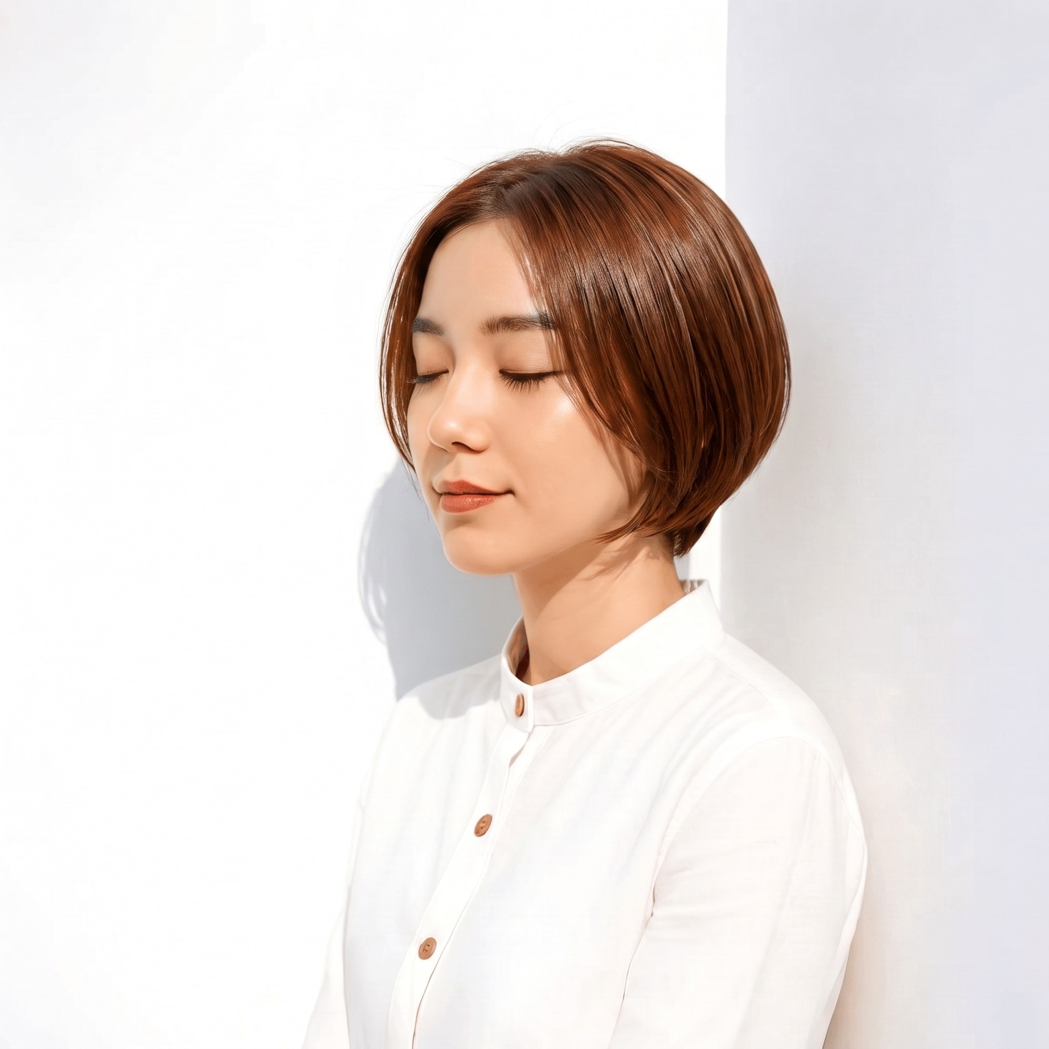 11. ライトベージュ×ショートボブ: 赤みを少し含むベージュでショートボブが上品にまとまる