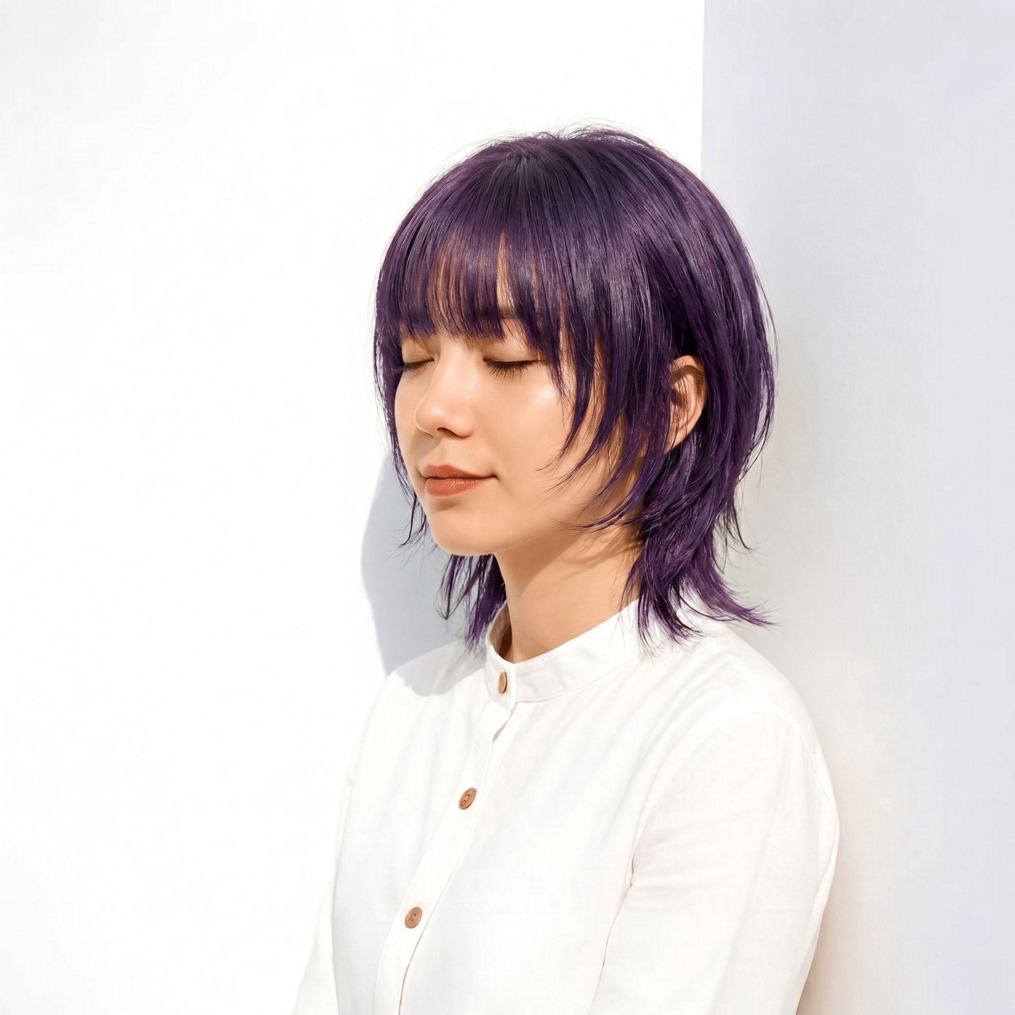 11. ラベンダーグレージュ×ミディアムウルフ: 軽やかな動きと上品さを両立