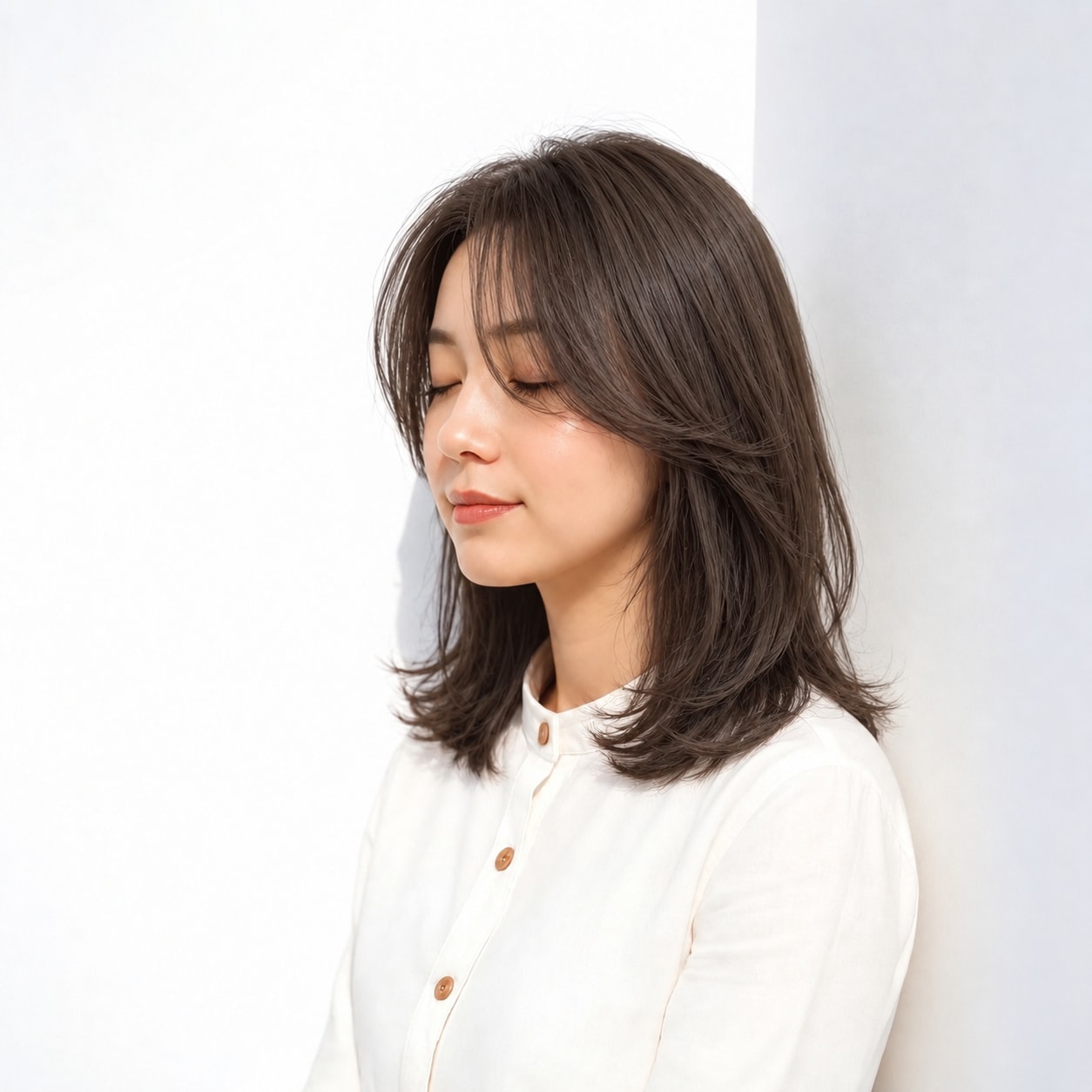 11. レイヤーミディアム × カーテンバング：額と頬を軽く見せる