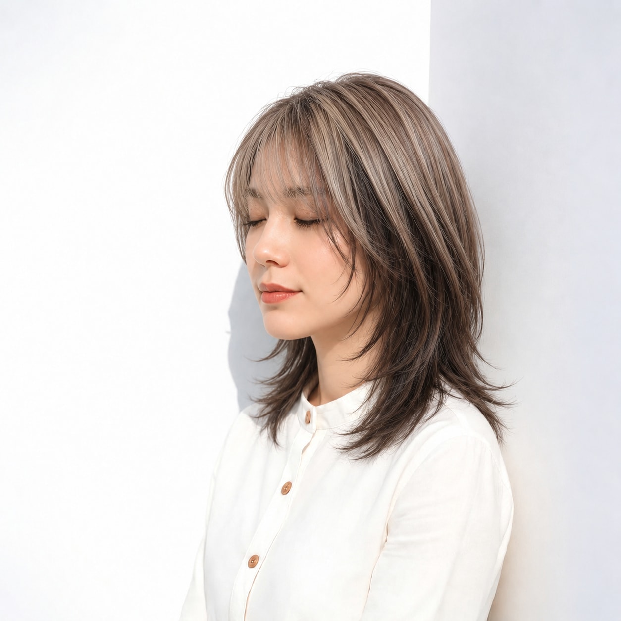 11. レイヤーミディアム × 明るめアッシュ：細い顔まわりで軽やかに