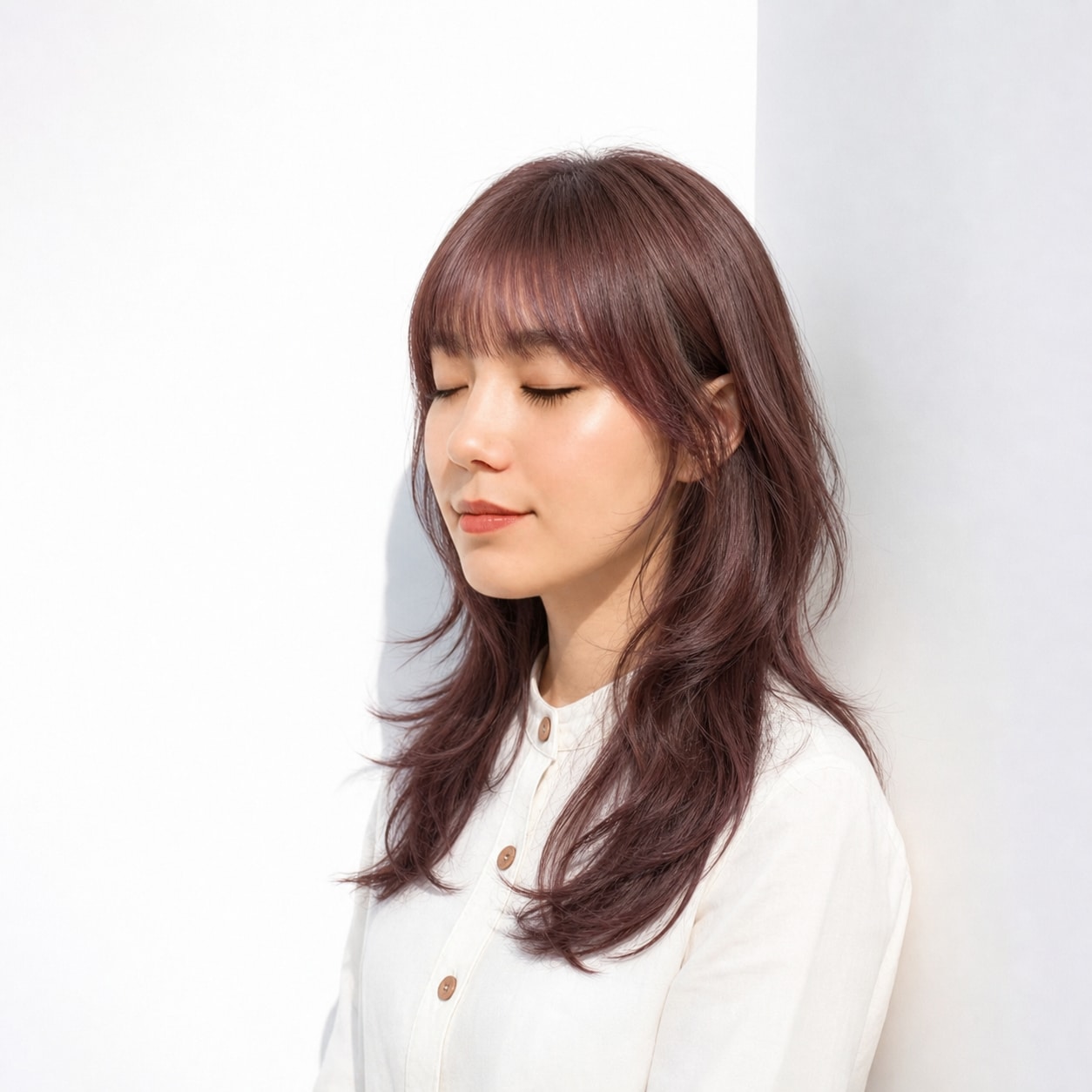 11. レッドブラウン×ブリーチなし×レイヤーミディアム: レッドブラウンでレイヤーの動きが柔らかくなる