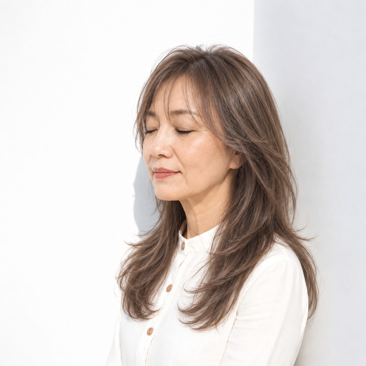 6. ロングレイヤー × 薄め前髪：やわらかな毛先を楽しむ