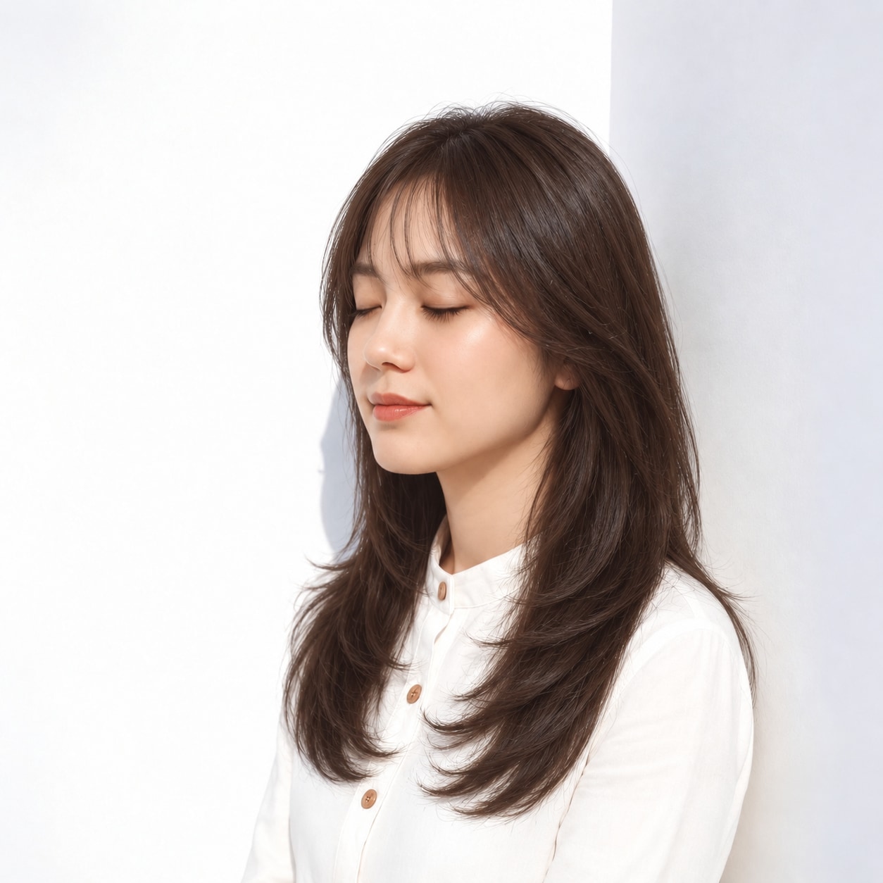 11. 内巻きレイヤーロング × ブラウン：重なる曲線で穏やかに