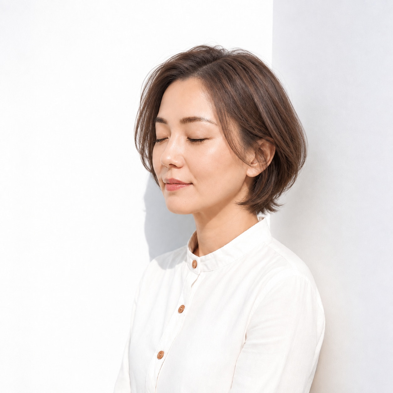 ブラウンの短めボブと頬に沿う細い顔まわりの毛束