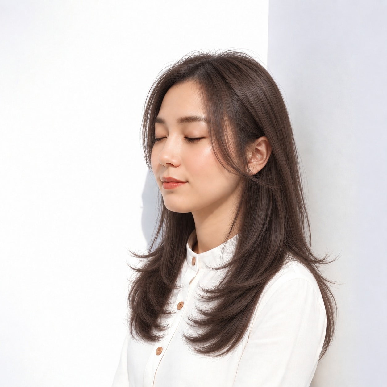 11. 前髪なしレイヤーロング × ダークブラウン：額を見せて軽快に