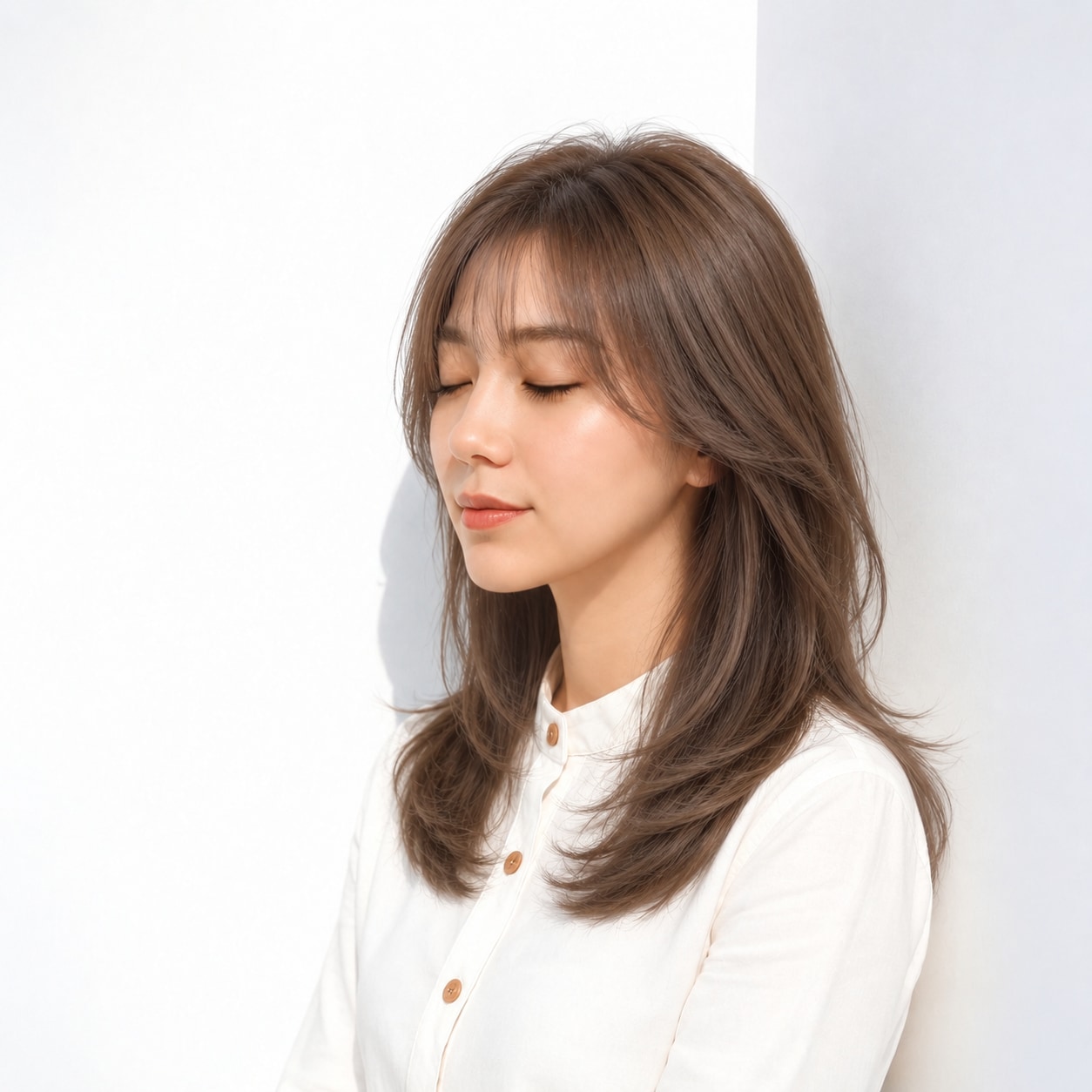 8. 流し前髪ロング × 内巻きレイヤー：穏やかな上品さ