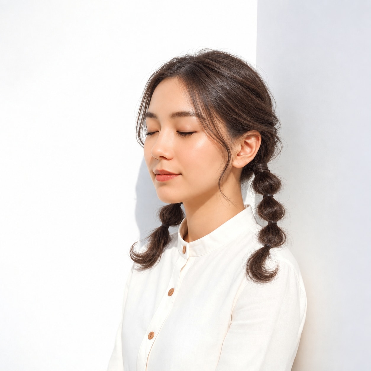 11. 玉ねぎヘア × 細めバブルポニー：短めの髪でも節が崩れにくく、軽快にまとまります