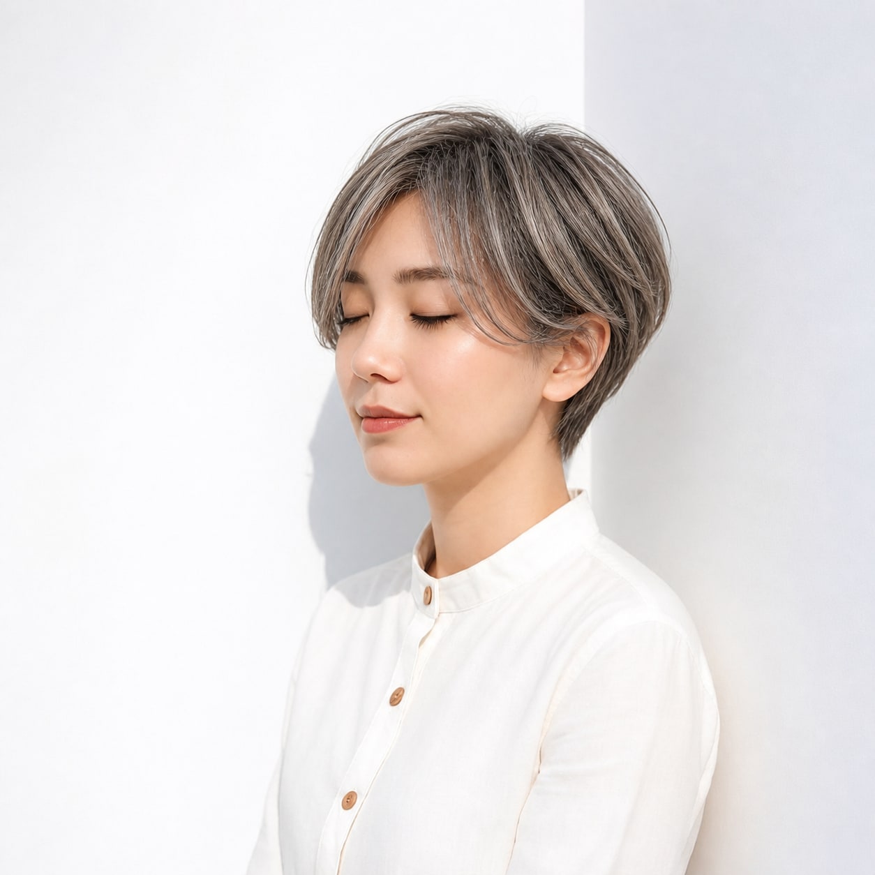 11. 白髪ぼかしハイライト × ハンサムショート：シルバーの前髪で目元がすっきり見える