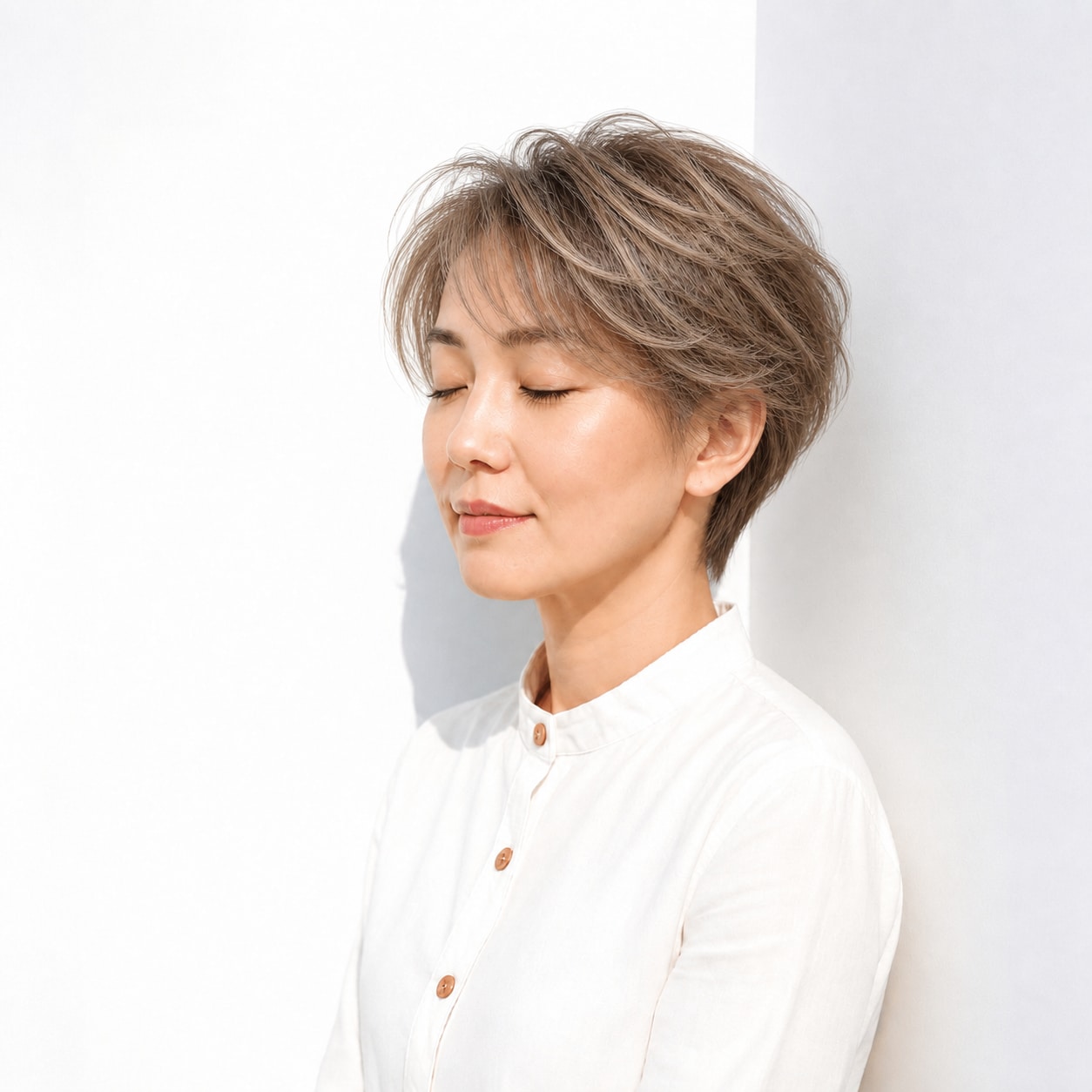 細い明るい筋が入ったベージュブラウンのショート
