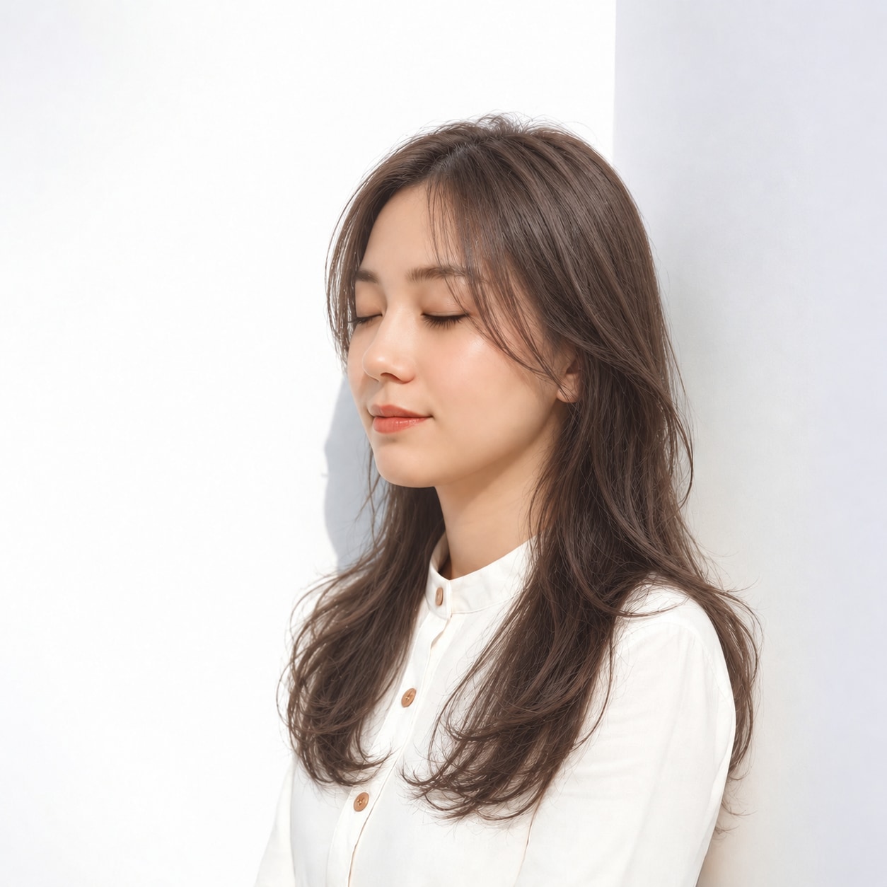 11. 長め前髪ロング × アッシュブラウン：ゆるく分けてすっきり見せる