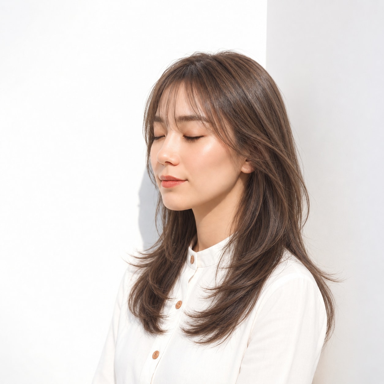 顔まわりレイヤーロング × 重なる毛先：立体感のある大人ヘア