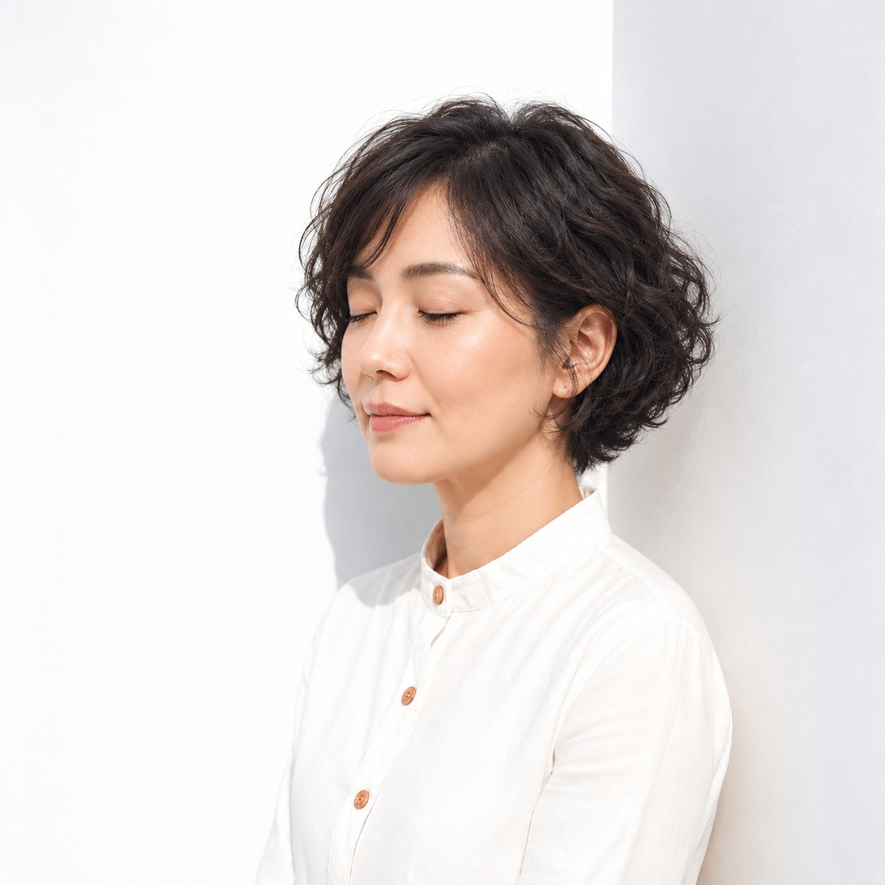 11. 黒髪ウェーブショート × 前髪なし：カールで柔らかな存在感を