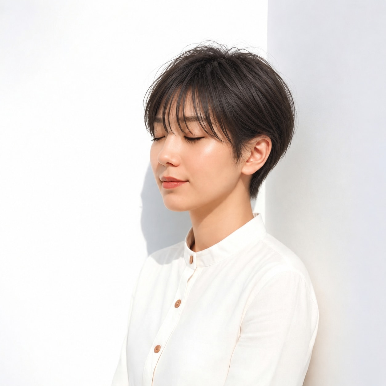 8. 黒髪レイヤーショート × ふんわりトップ：小さな動きで軽さを出す