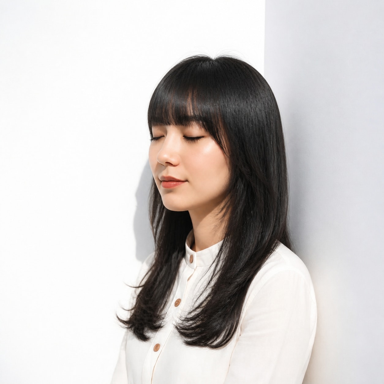 11. 黒髪ロング × 厚め前髪：まとまりよく上品