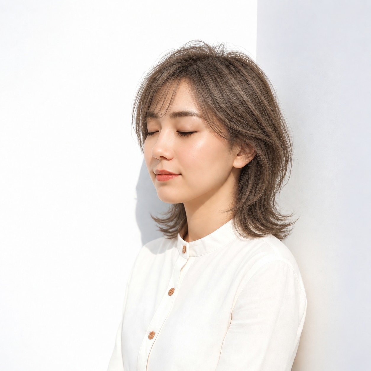 12. かき上げレイヤー × アッシュブラウン：トップの立体感で軽快に