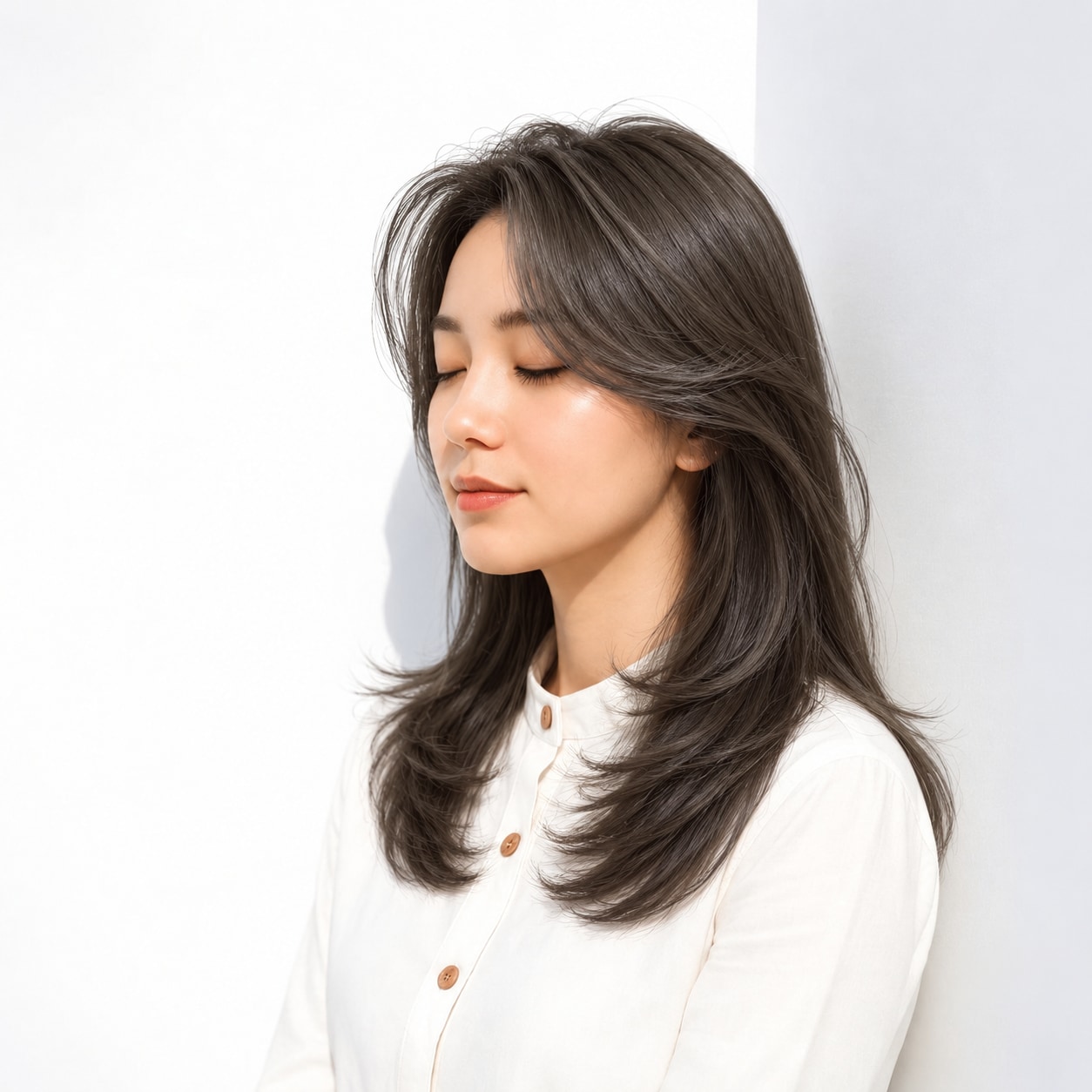 12. かき上げ前髪 × アッシュロング：根元の高さで華やかな立体感を