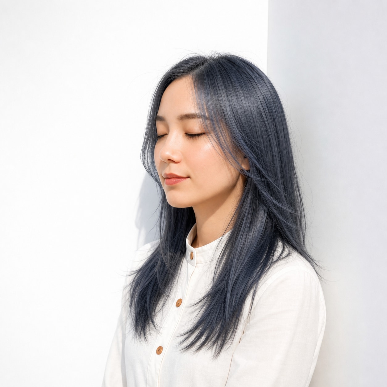 12. くすみブルー×ストレートロング: くすんだ青で派手になりすぎず寒色の印象になる