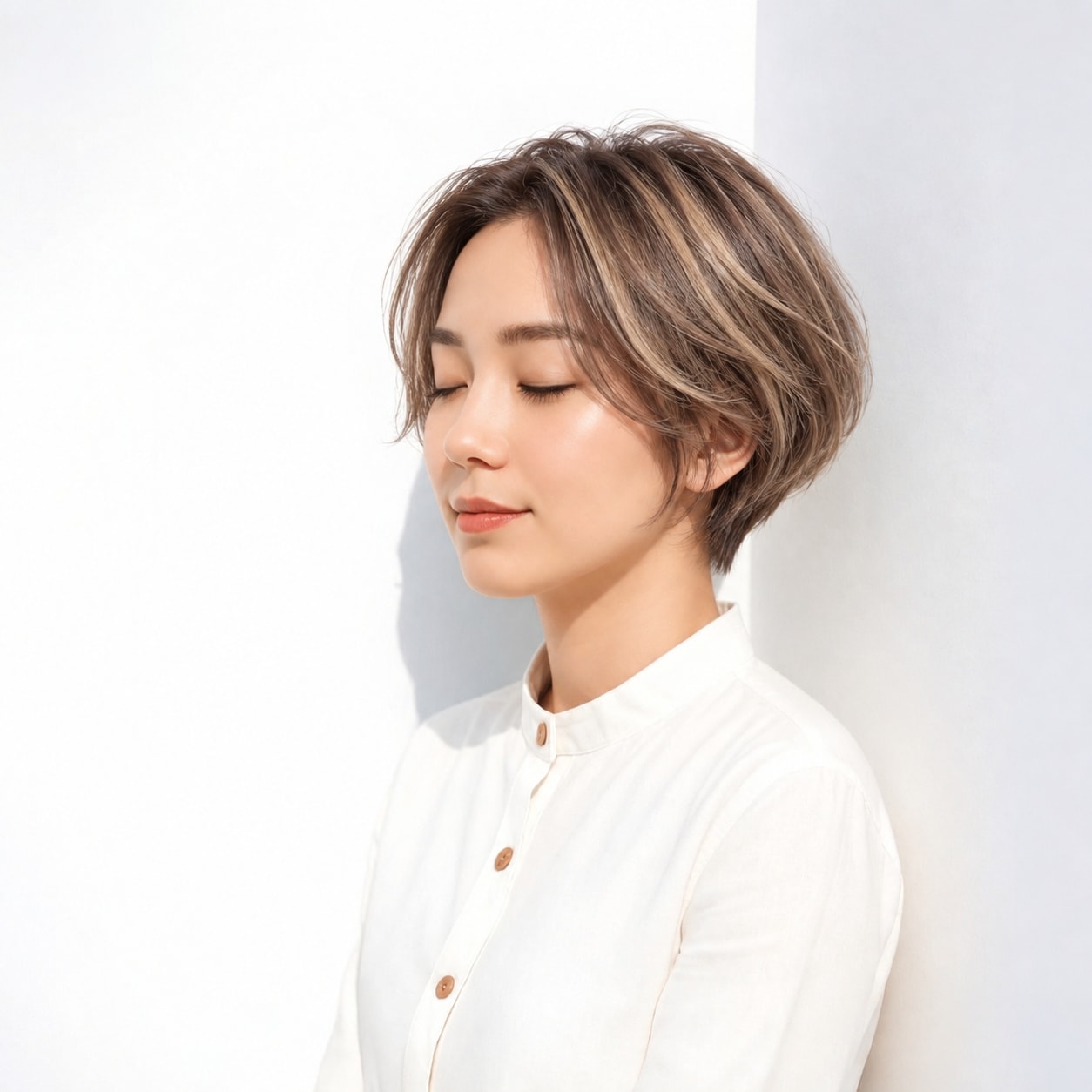 12. ひし形ショートボブ × 前髪なし × 丸みショート：後ろに奥行きが出て、横から見た形が端正に整います