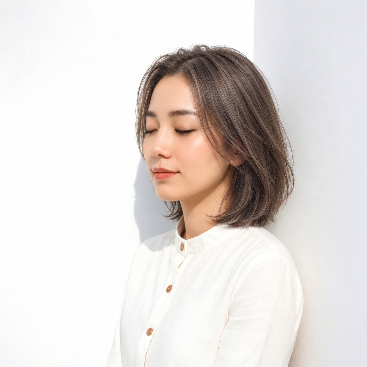 9. ひし形レイヤーボブ × アッシュ：細い毛束の動きが輪郭を軽く見せる