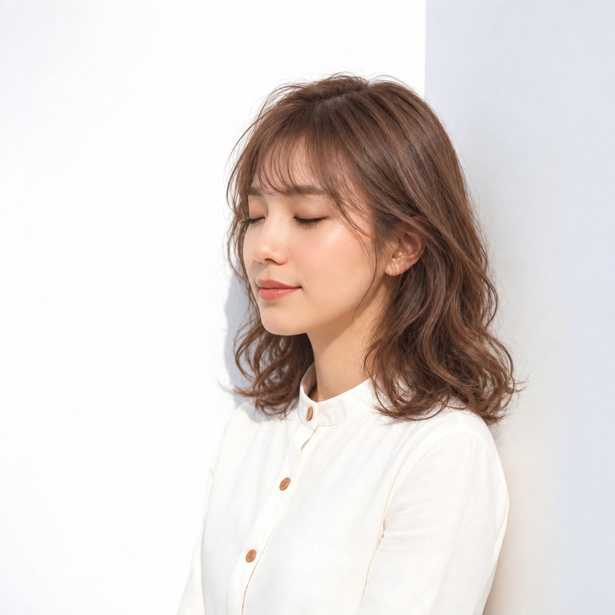 8. ゆるふわパーマ × ミディアム × ブラウン：透ける前髪と軽いカールがやさしくなじむ