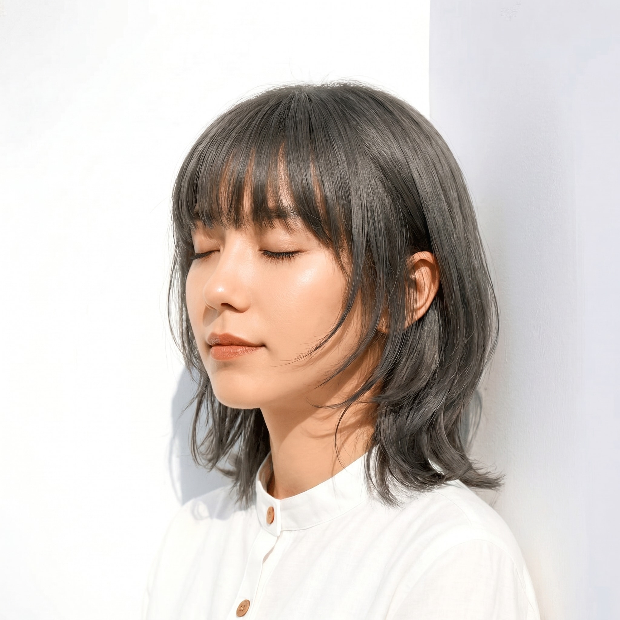 12. アイスグレージュ×ミディアムレイヤー: 軽やかな動きで輪郭を引き締める