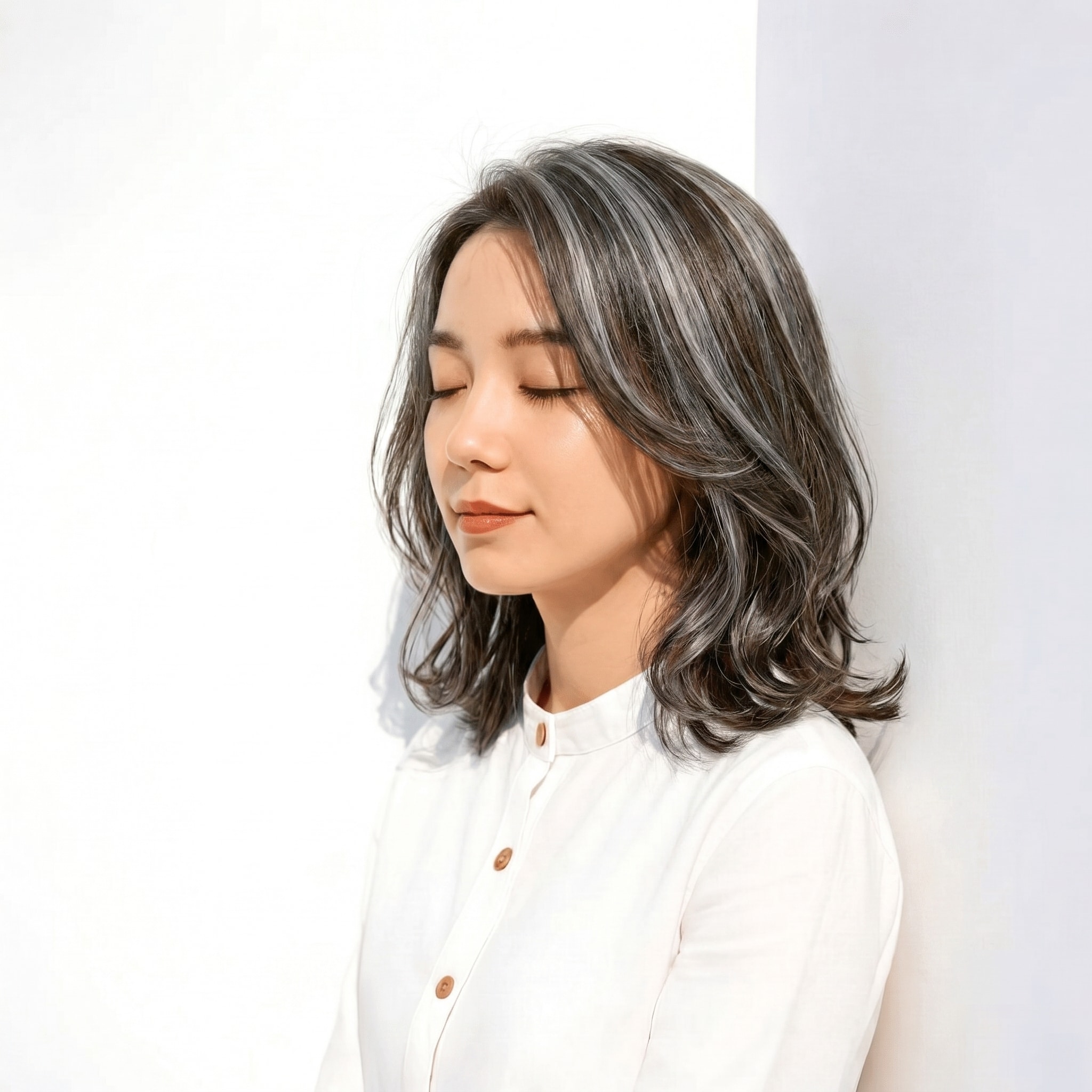 12. アッシュグレージュ×ハイライト: ゆるい波ウェーブで立体感を演出
