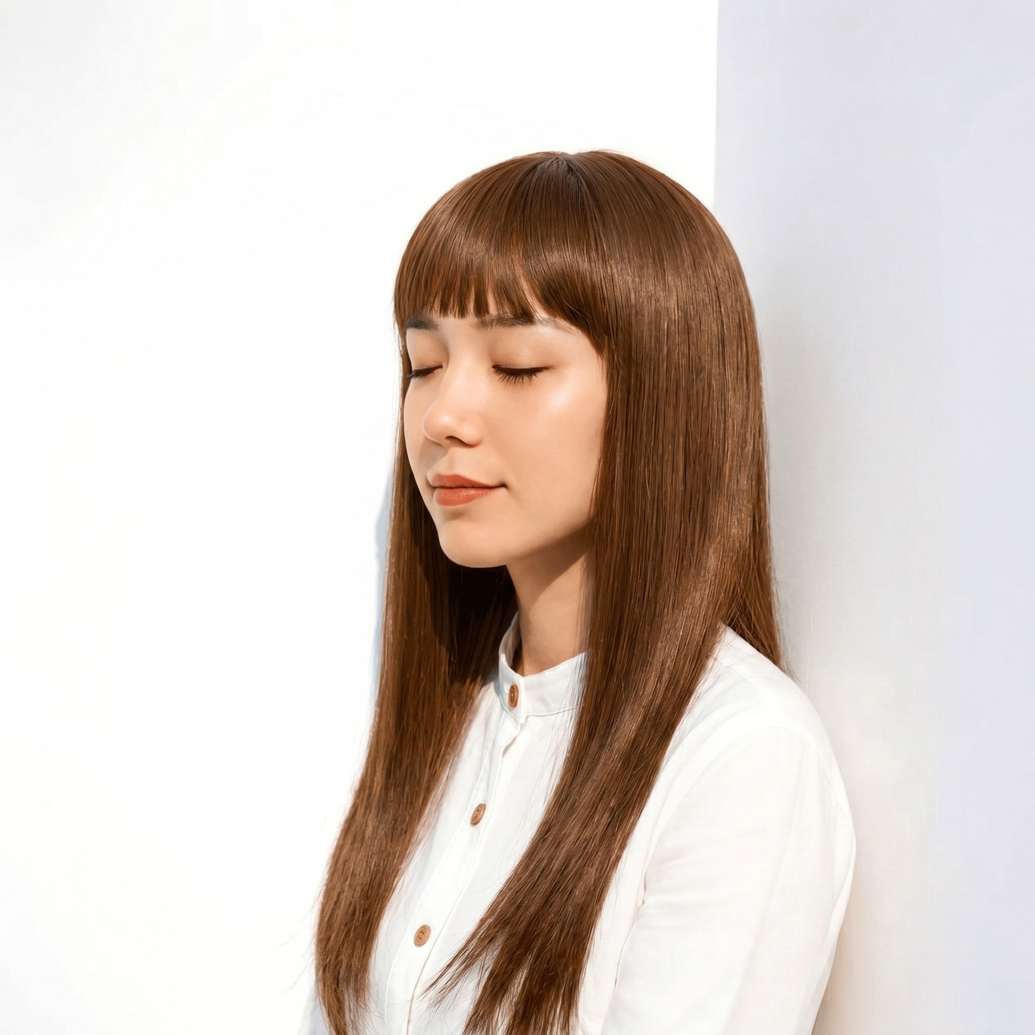 12. イエローブラウン×ロングストレート: 赤みを抑えた黄みカラーで親しみやすく軽やかに