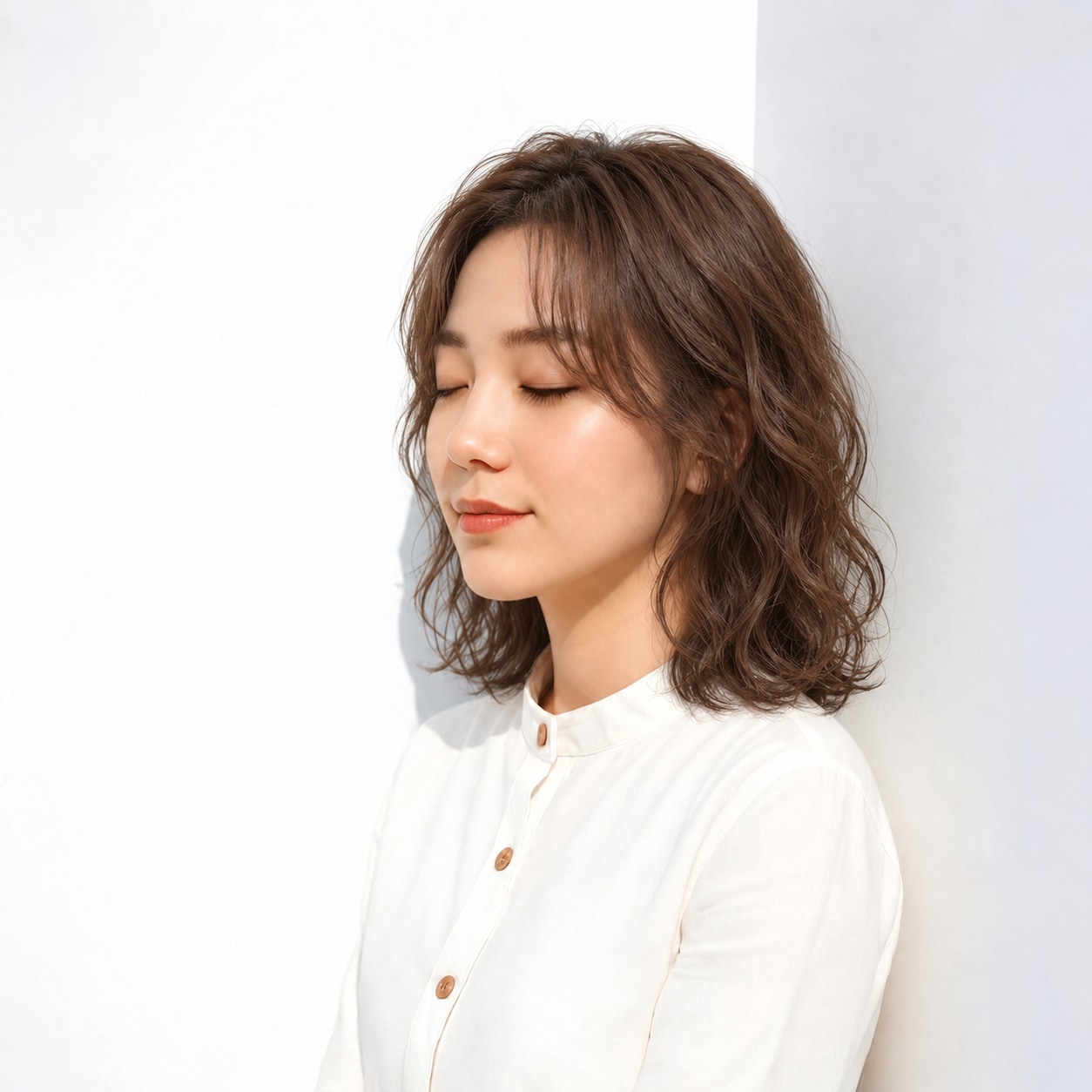 12. ウェーブミディアム × ブラウン：曲線を重ねてやさしい表情に