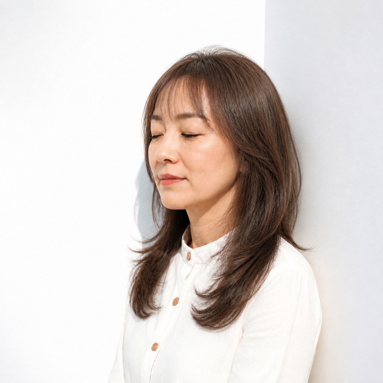 12. ウルフカット × セミロング・ロング × 艶ブラウン：まとまりよく上品に