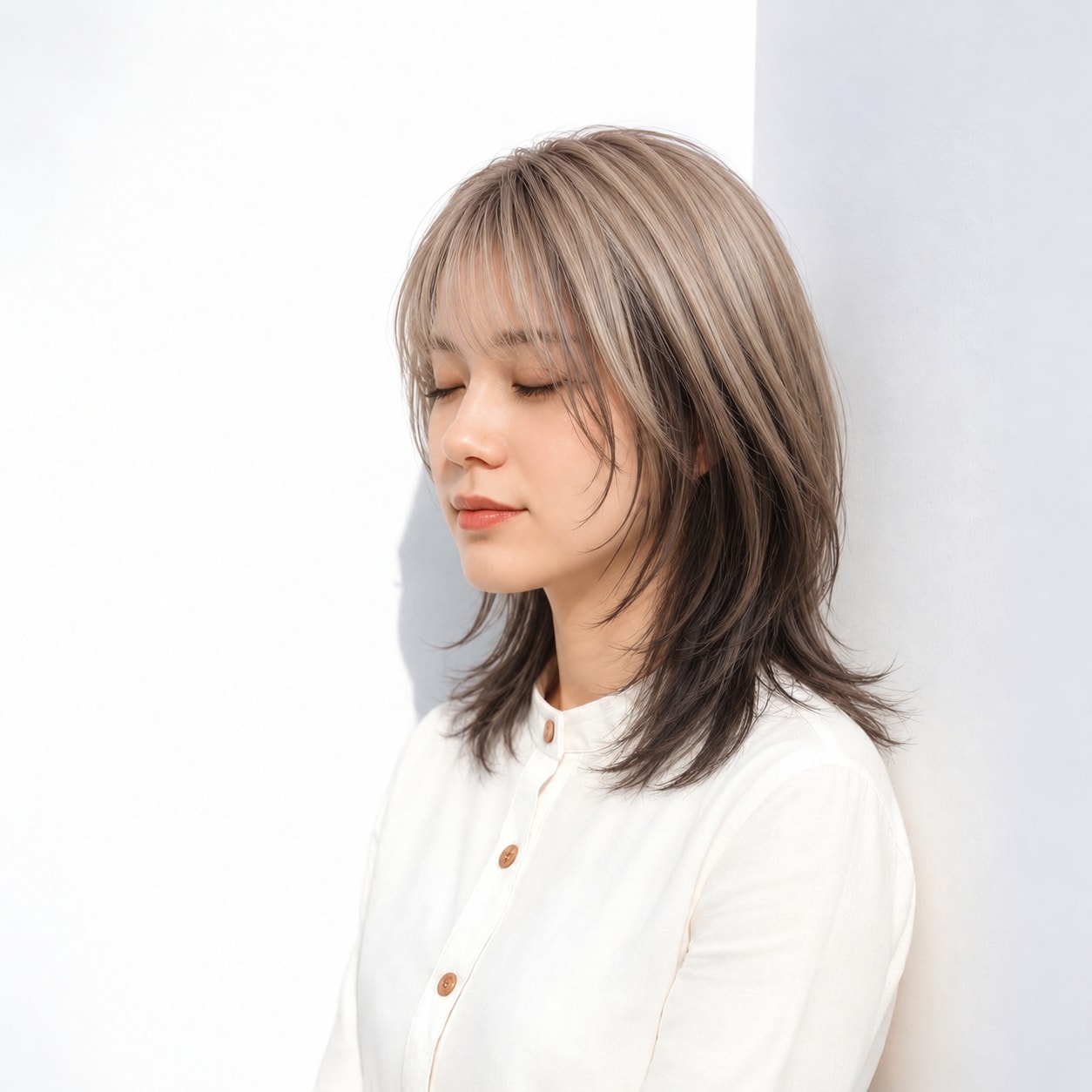 12. ウルフミディアム × アッシュベージュ：長短のある毛先で軽快に