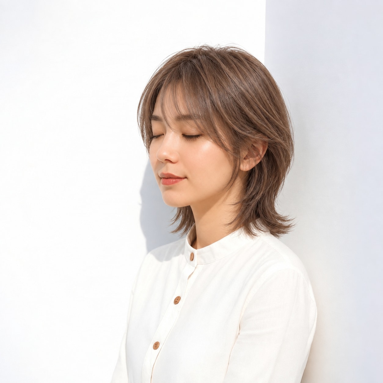 12. ウルフレイヤー × ミディアム × 肩上で切り替わる外向きの線：サイドの丸みとえり足の軽さを一度に見せられます