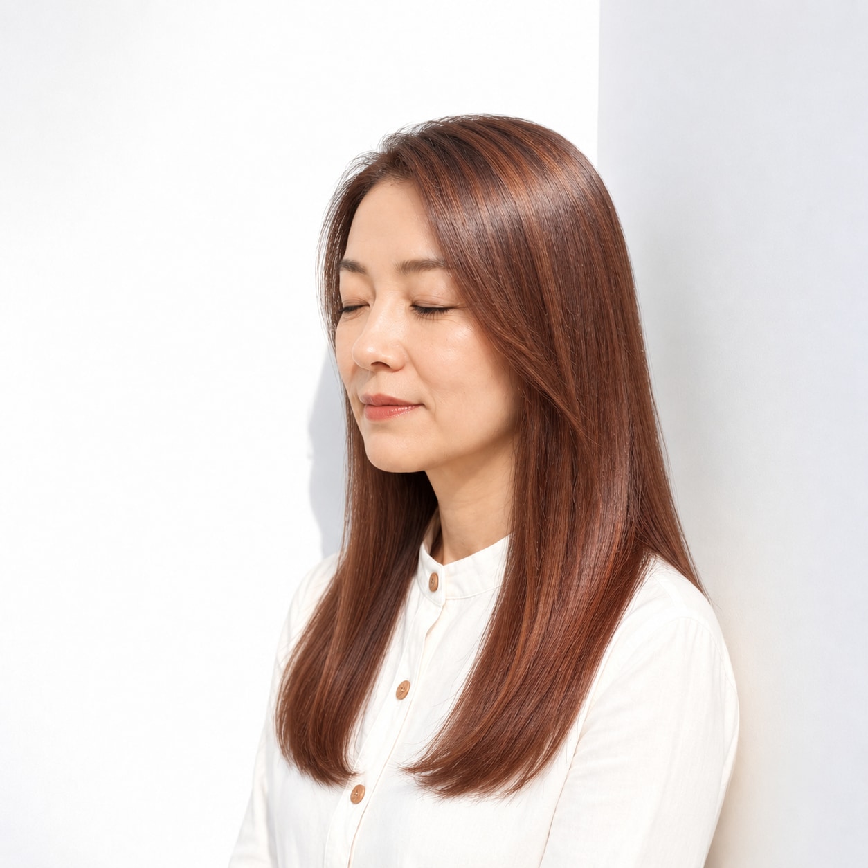12. オレンジブラウン × ストレートロング：温かなつやを見せる