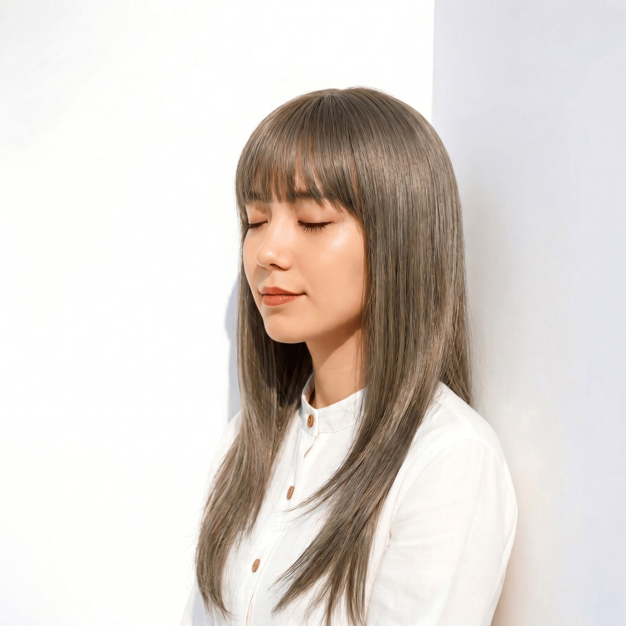 12. カーキアッシュ×ロングストレート: 明るめオリーブグレーで重さを抑えてさらりと見せる