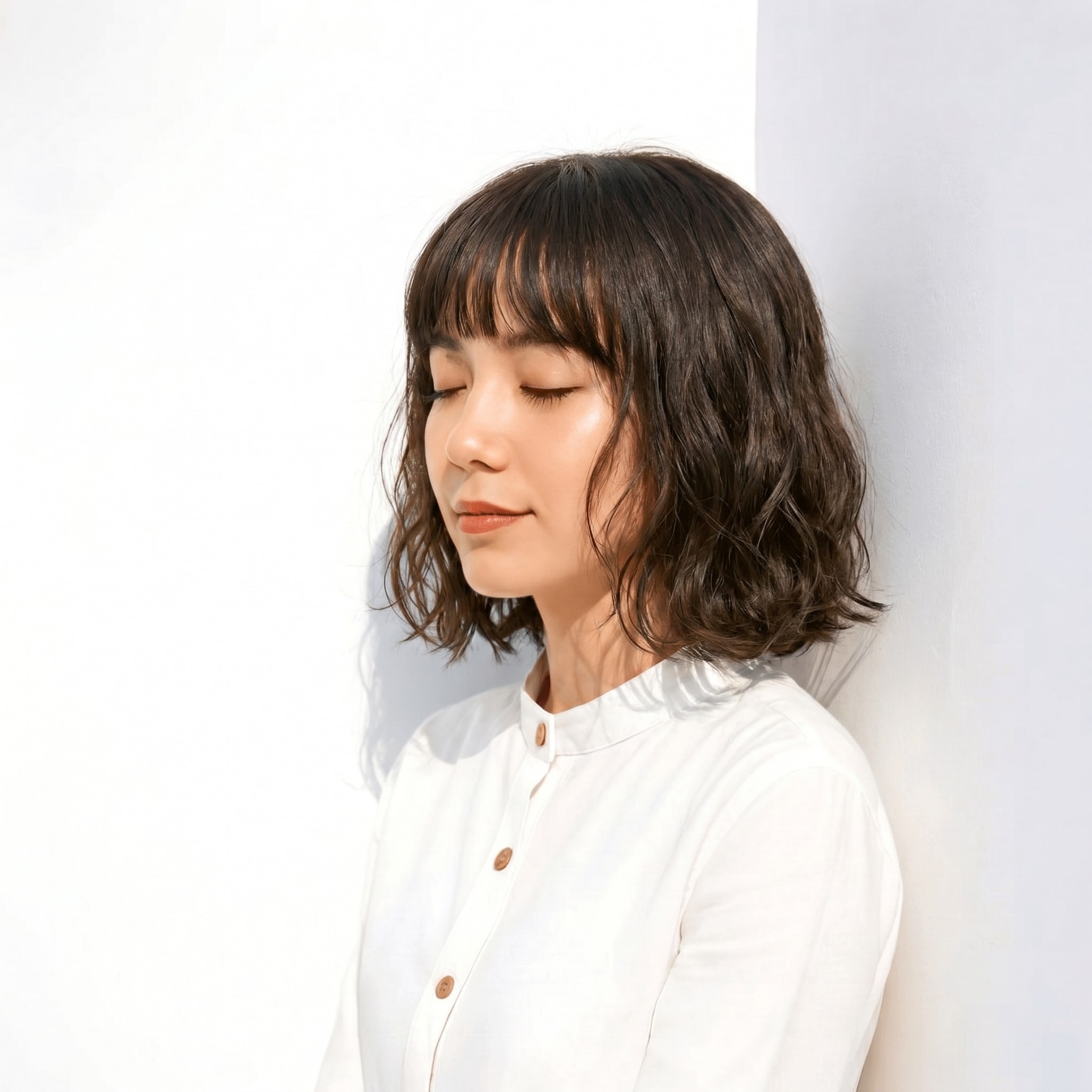 12. カーキグレージュ×抜け感: ゆるい波打ちが軽やかさを演出するボブスタイル