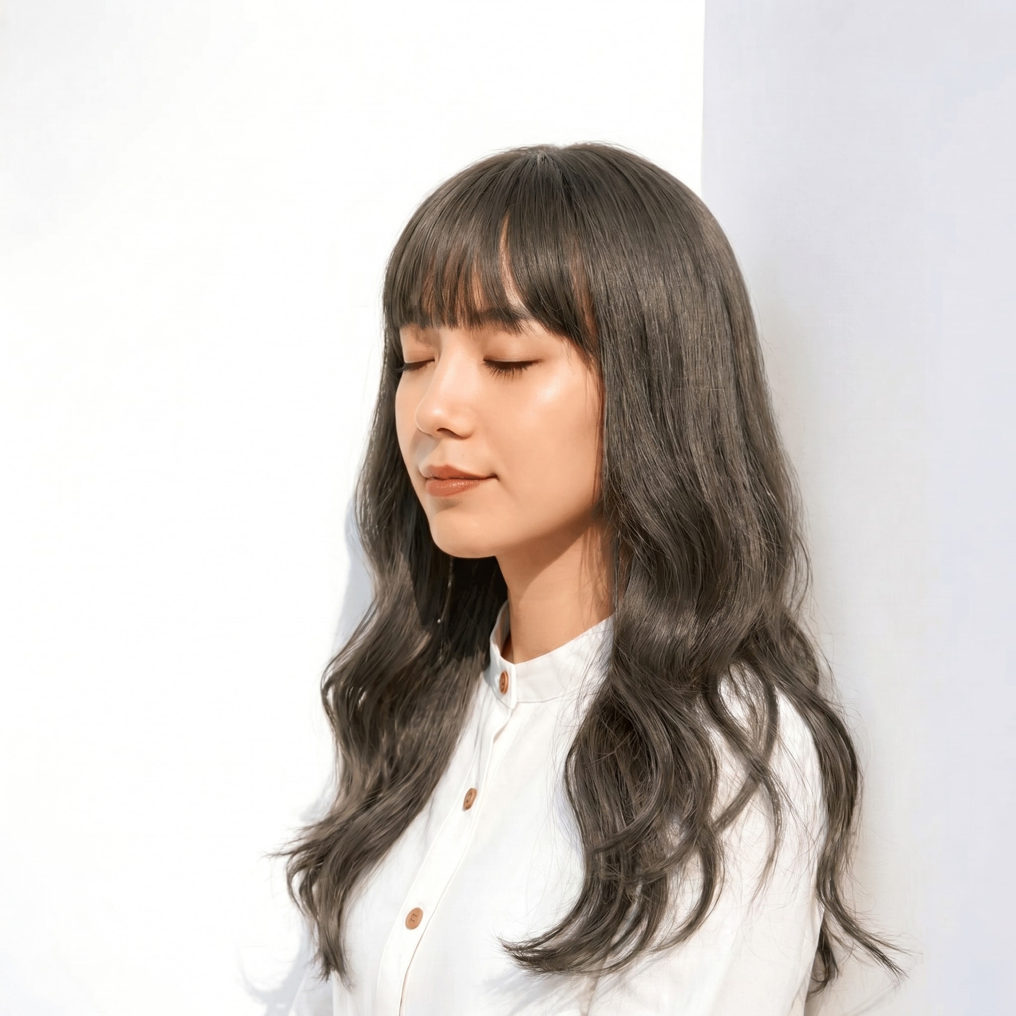 12. グリーンアッシュ×暗髪ロング: やや暗めの色みで重さを感じさせない