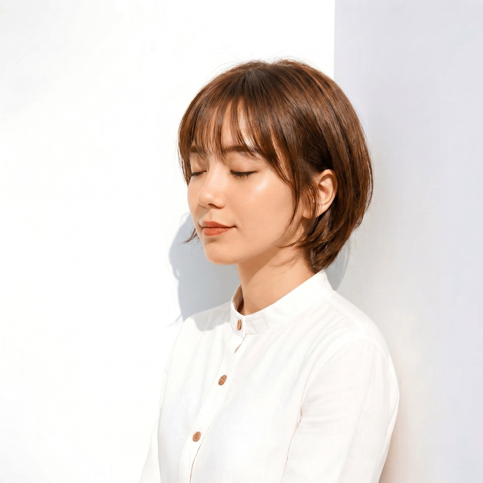 12. グレーブラウン×ショートボブ: 透け前髪で軽やかに見せる