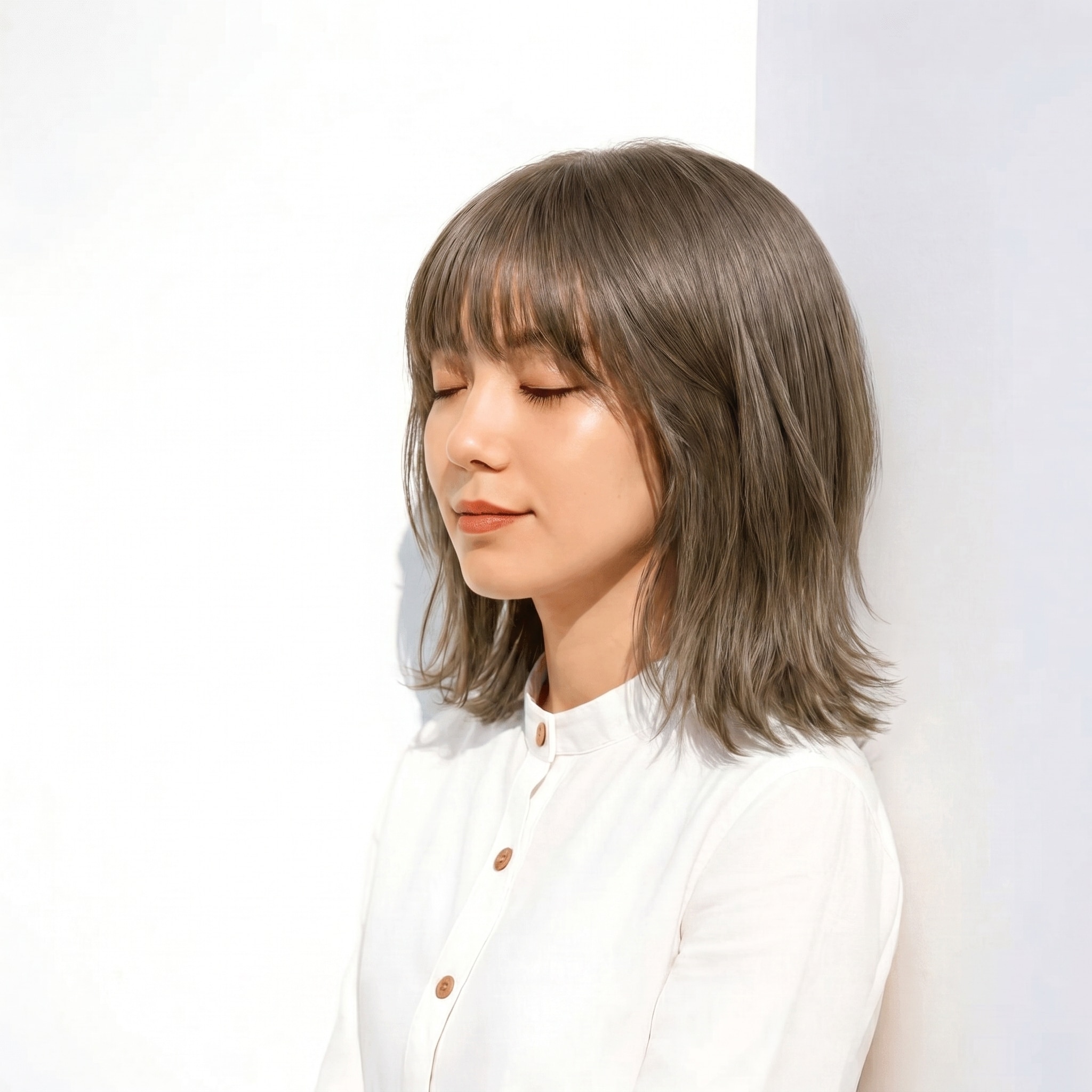 12. グレーベージュ×ロブヘア: 青みベージュで軽やかに動くスタイル