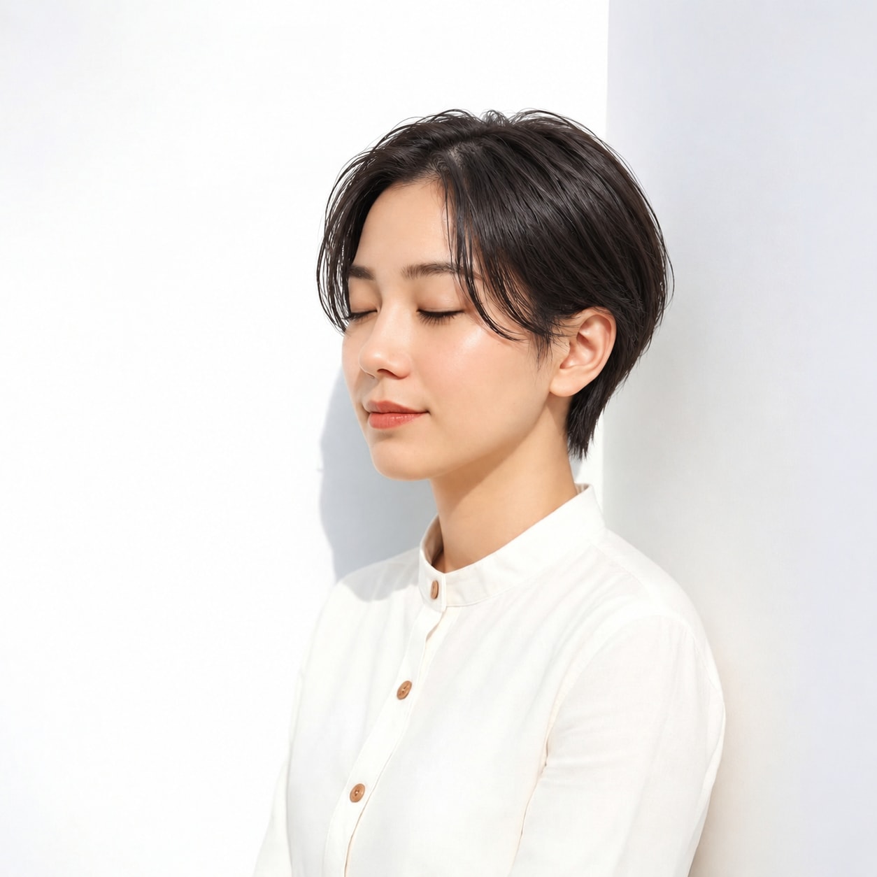 5. 黒髪ショート × タイトなセンター分け：シンプルで洗練された印象に