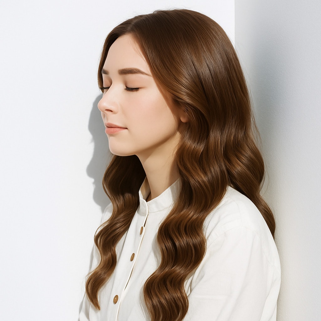 12. シフォンベージュ×ウェーブロング：全体的に優しいムードで女性らしさを演出