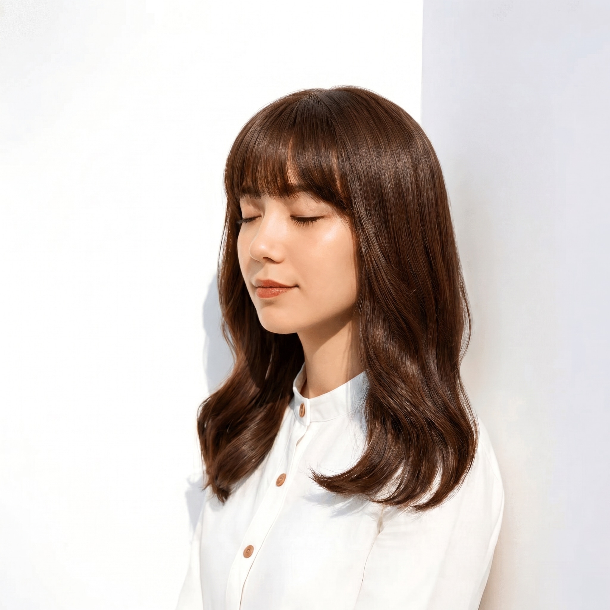 12. ショコラブラウン×上品：大人感を引き立てるやわらかなミディアムスタイル