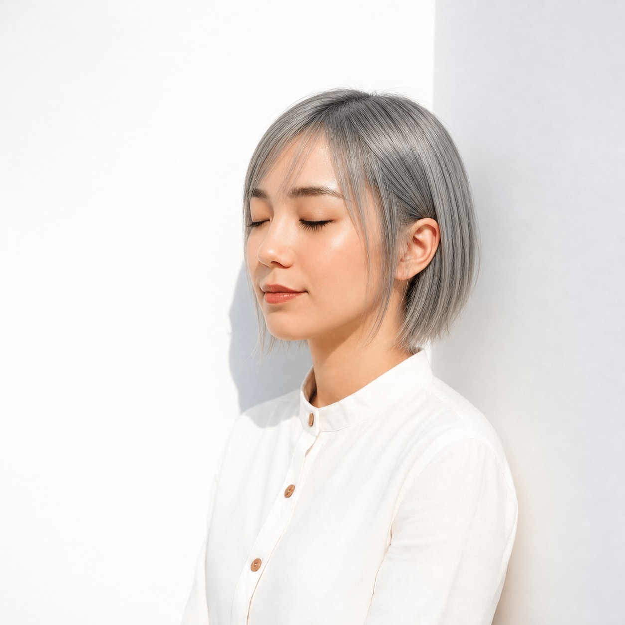 12. シルバーアッシュ×ストレートボブ: 白っぽいツヤで顔まわりが明るい印象になる