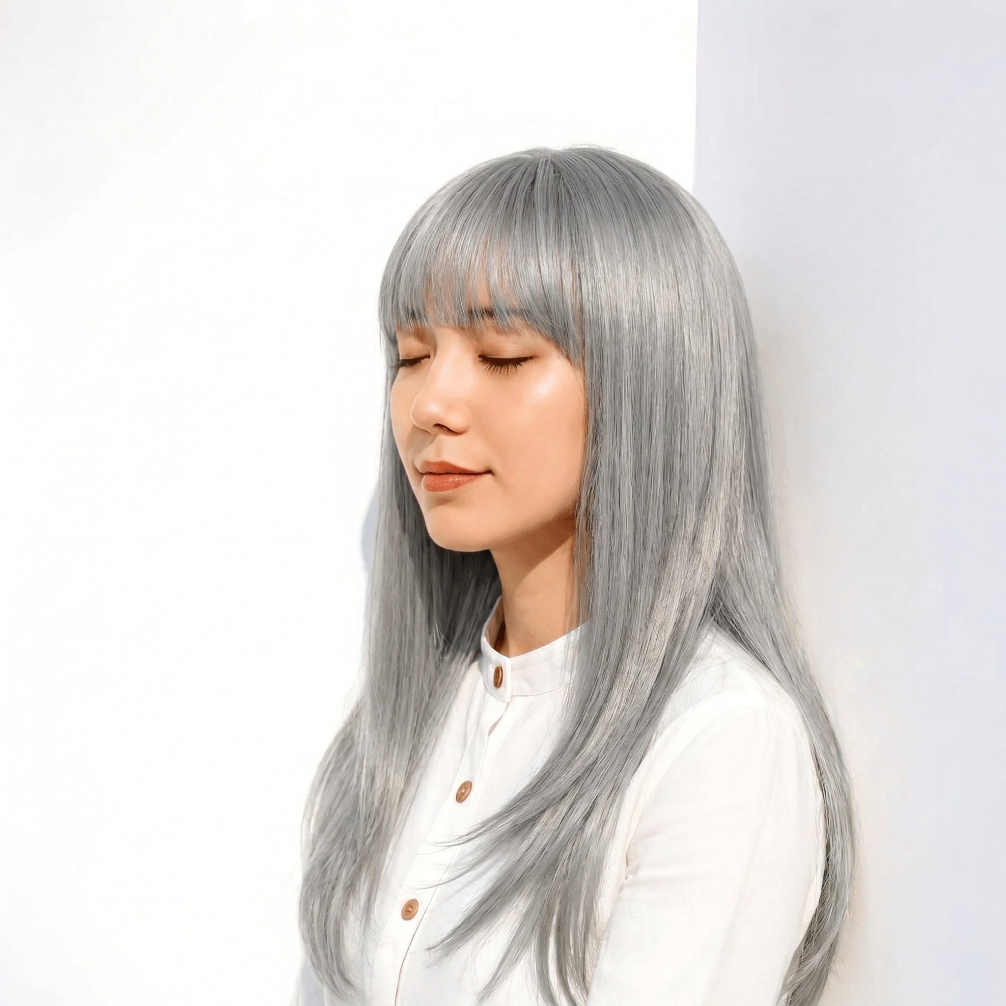 12. シルバーグレー×ロングストレート: 青みを帯びたクールな印象を演出