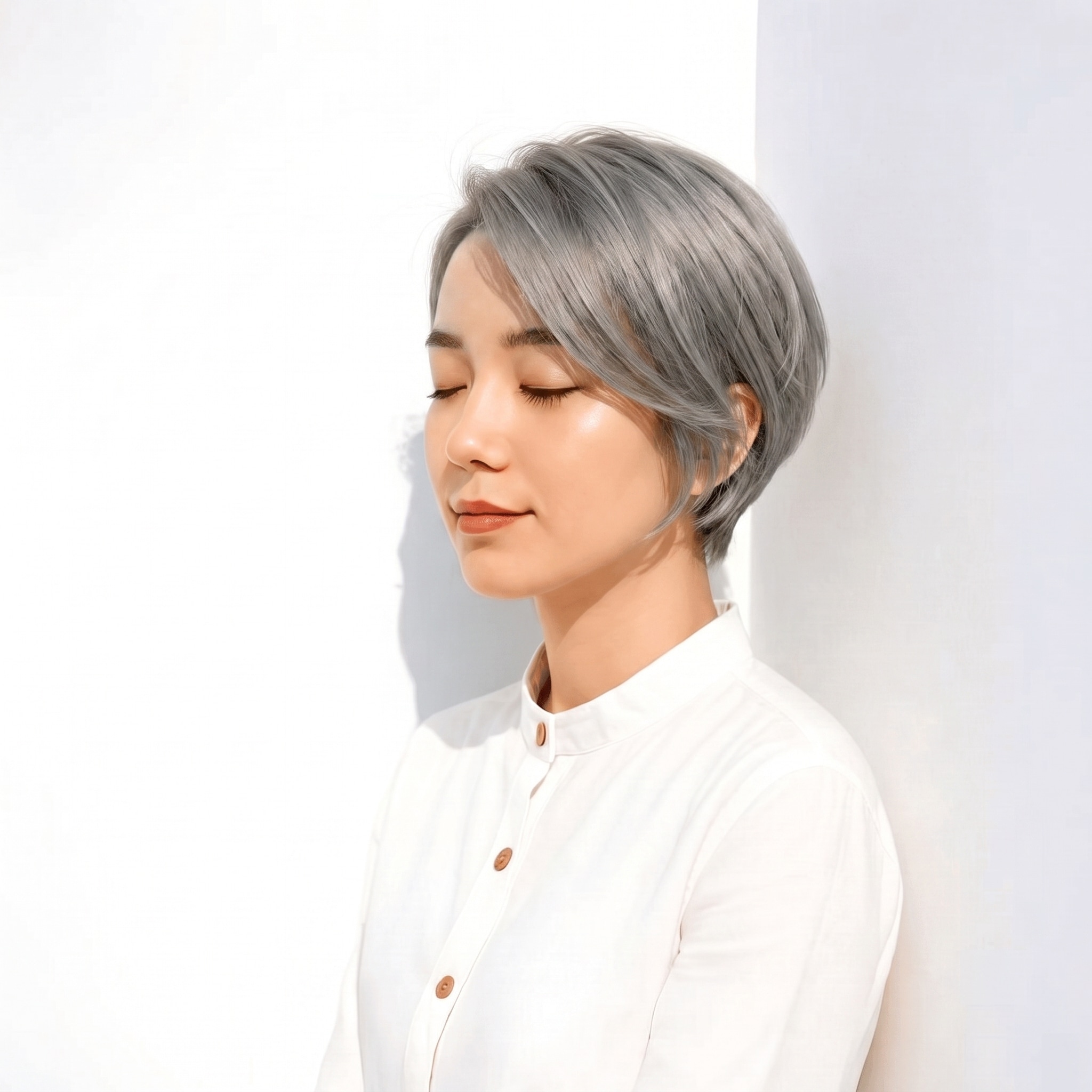 12. シルバーグレージュ×ショート: 明るいグレージュでサイドの毛流れが整う