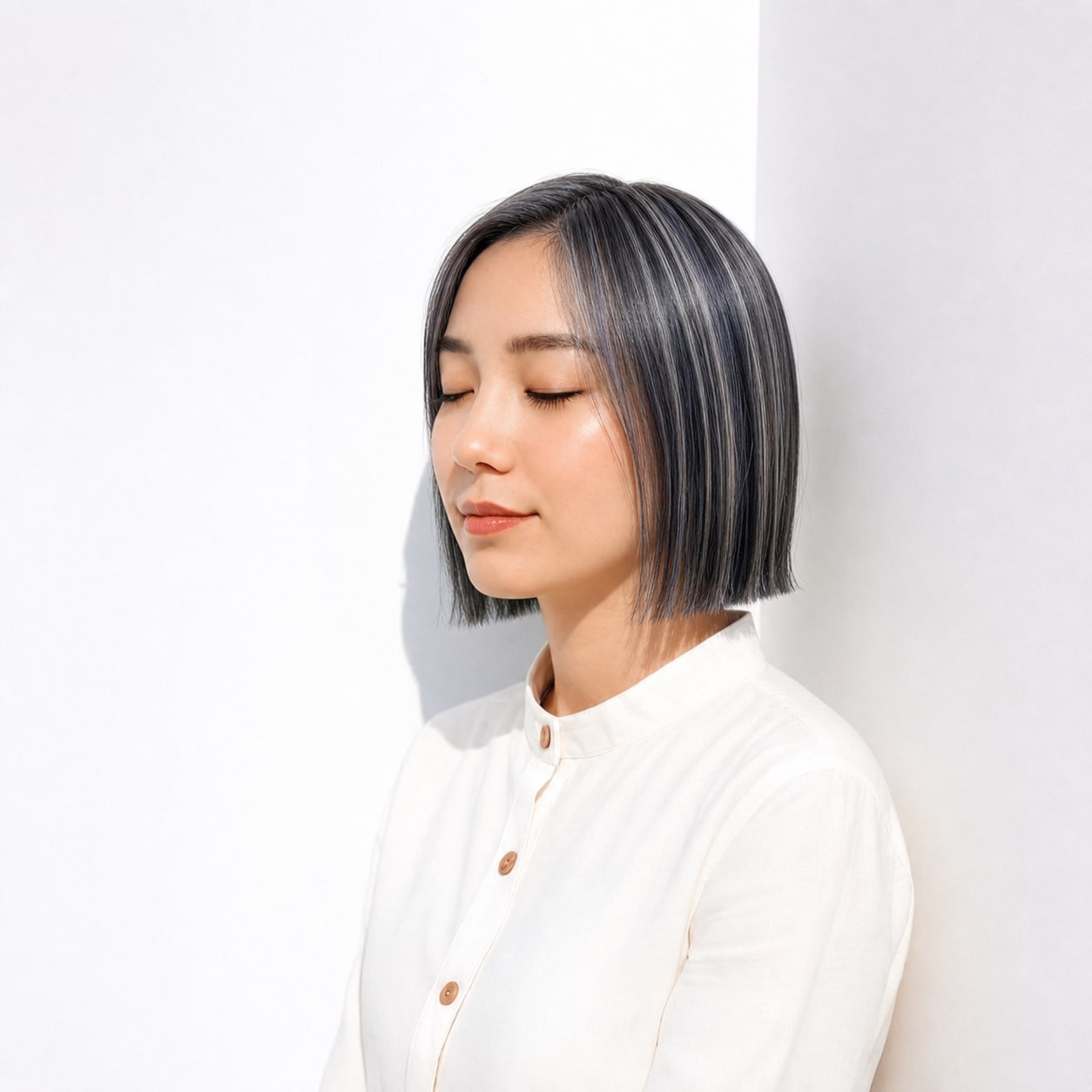 12. シルバーメッシュ×切りっぱなしボブ: 顔まわりの明るさで暗めヘアが軽い印象になる