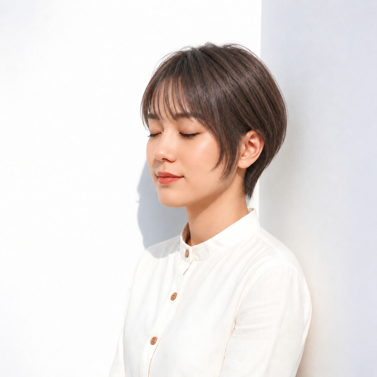 12. シースルーショート × サイドバング：軽い縦のラインで自然に調整