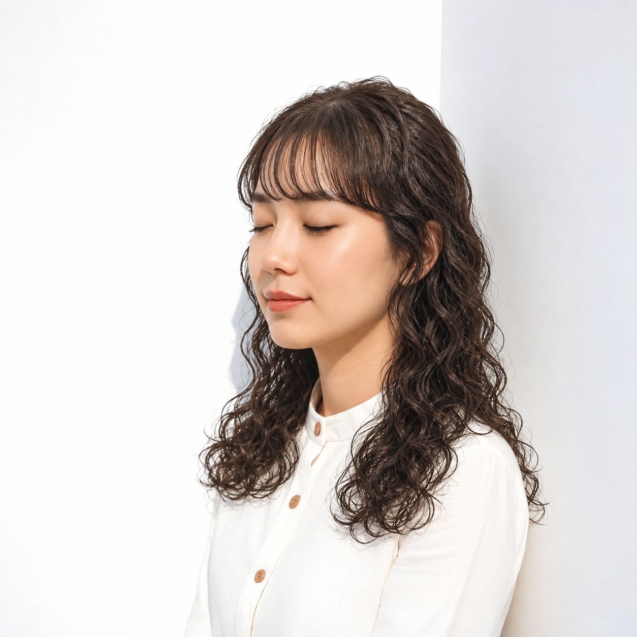 12. セミロングパーマ × 強め × カールバング：顔まわりだけ直線にならず、全体の質感が自然につながります