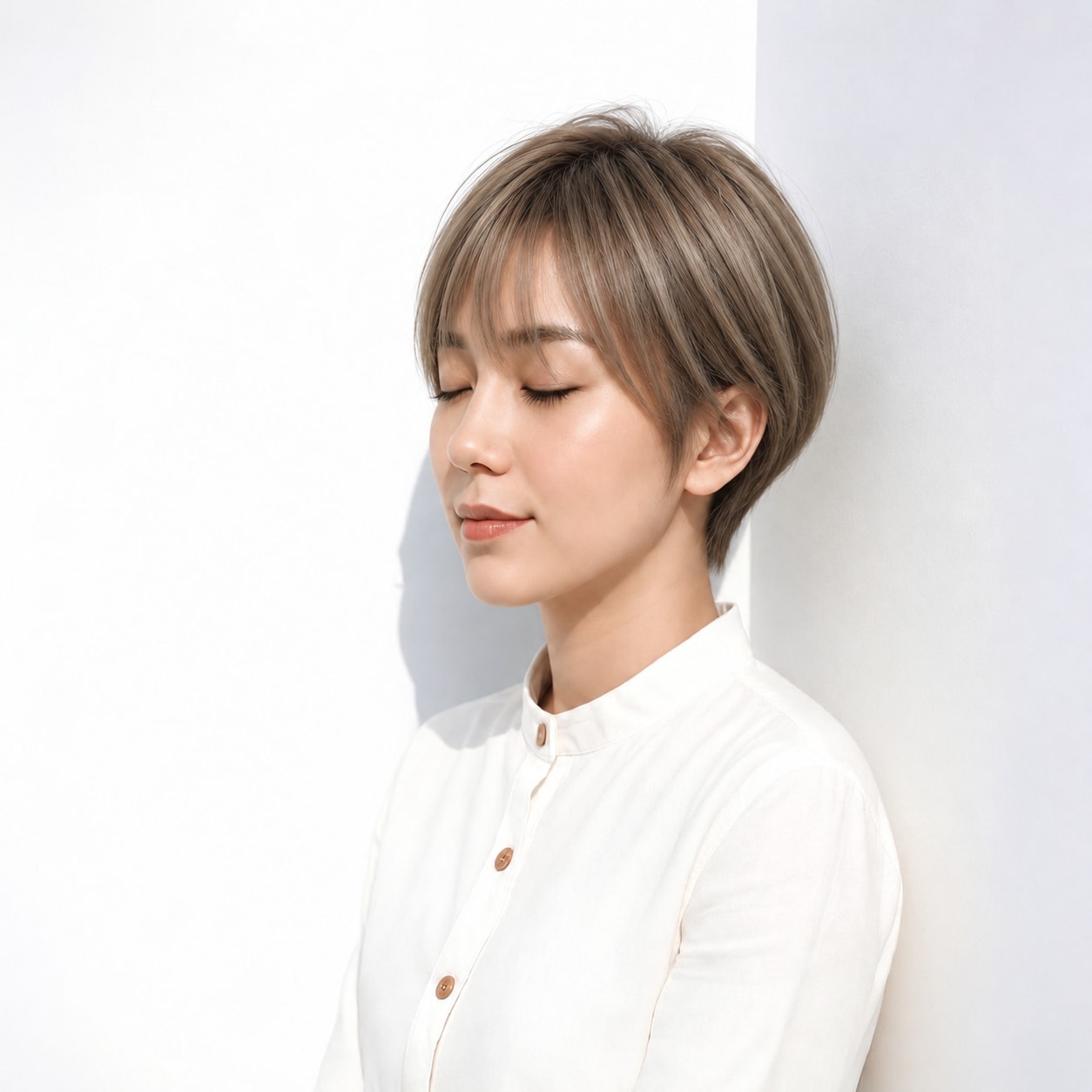 12. ナチュラルショート × ベージュブラウン：小さな丸みでバランスよく