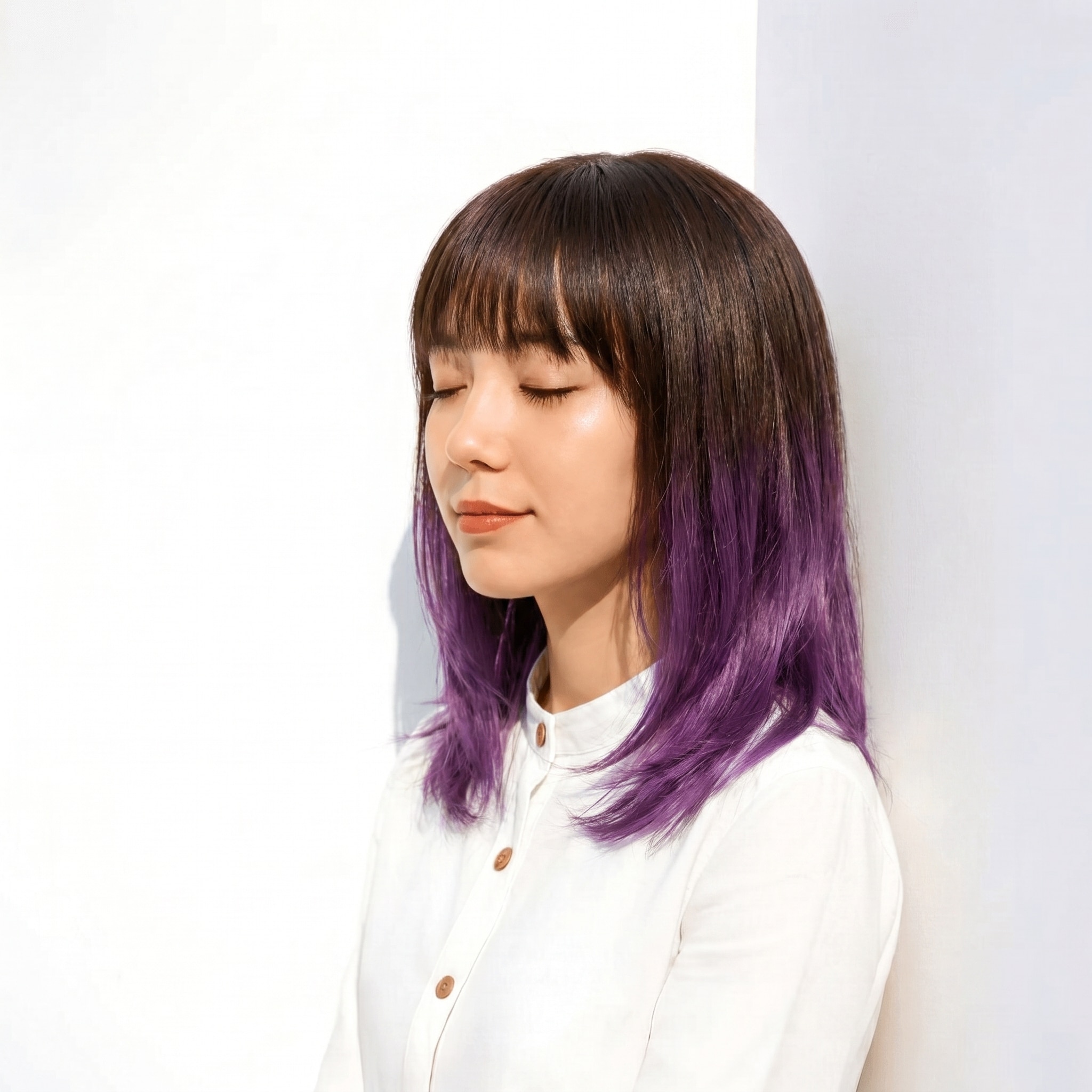 12. パープルブラウン×外ハネミディアム: さりげない差し色で、横顔まで印象的に仕上げる